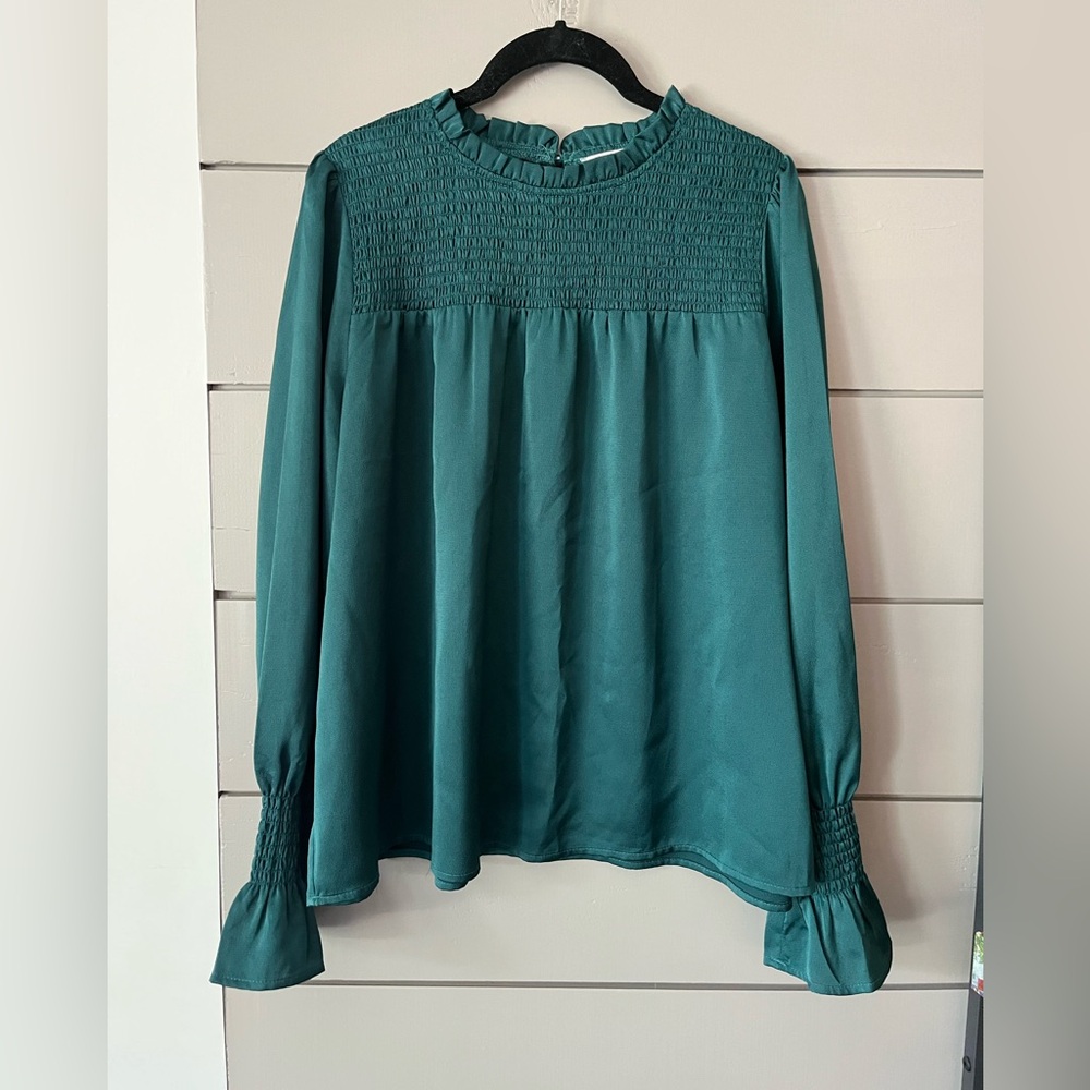 THML Emerald Green‎ Smocked Blouse Long Sleeve Ruffle Neck Boho Chic Top Size L